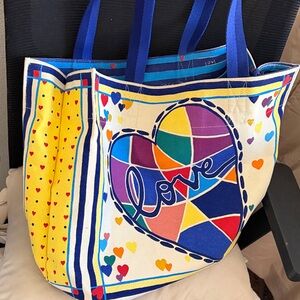 Brighton Canvas Tote with Blue Handles and Multicolor Heart Pattern, NWOT